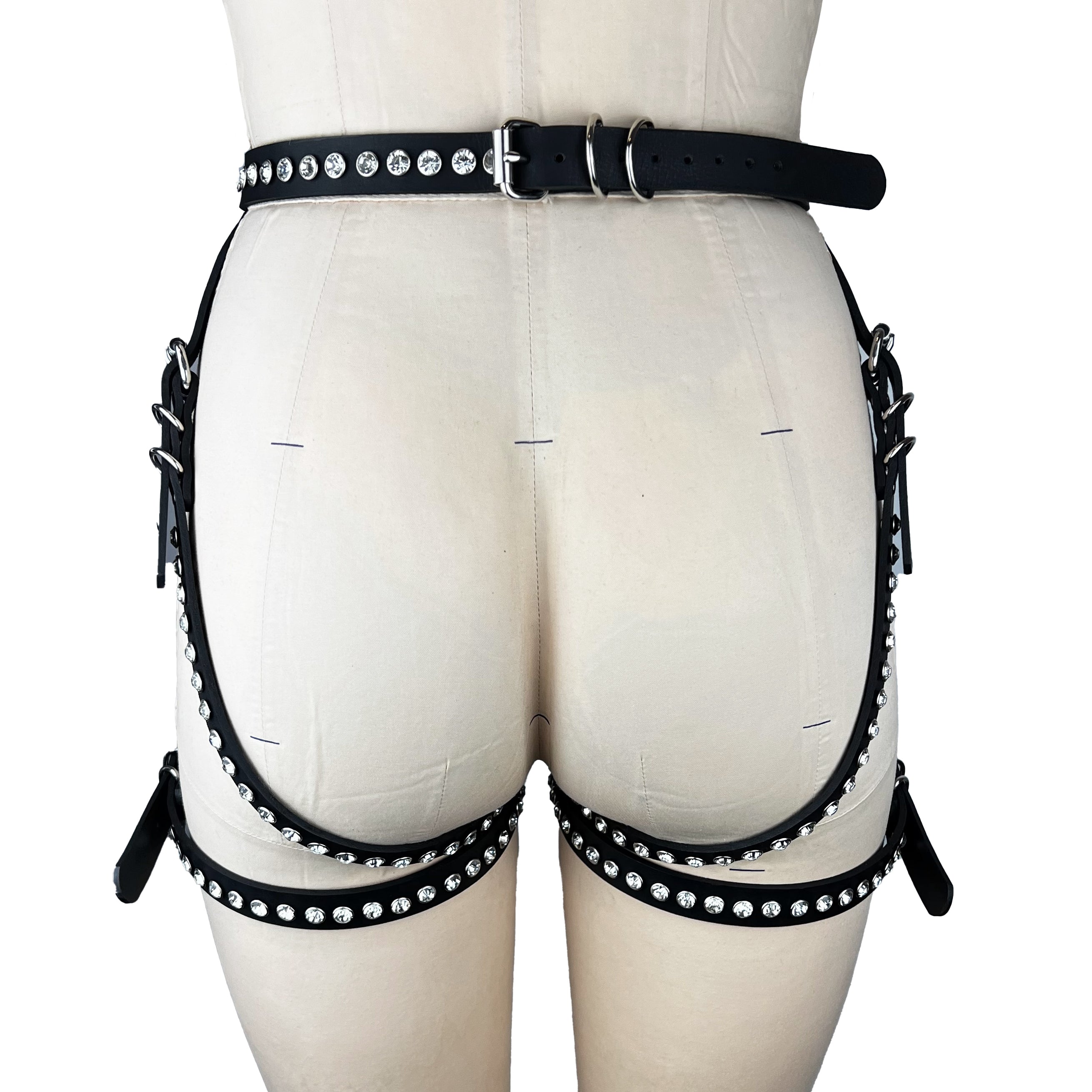 luxury Italian leather and crystal fashion and fetish women's men's booty harness, bespoke, made-to-order in nyc, back view