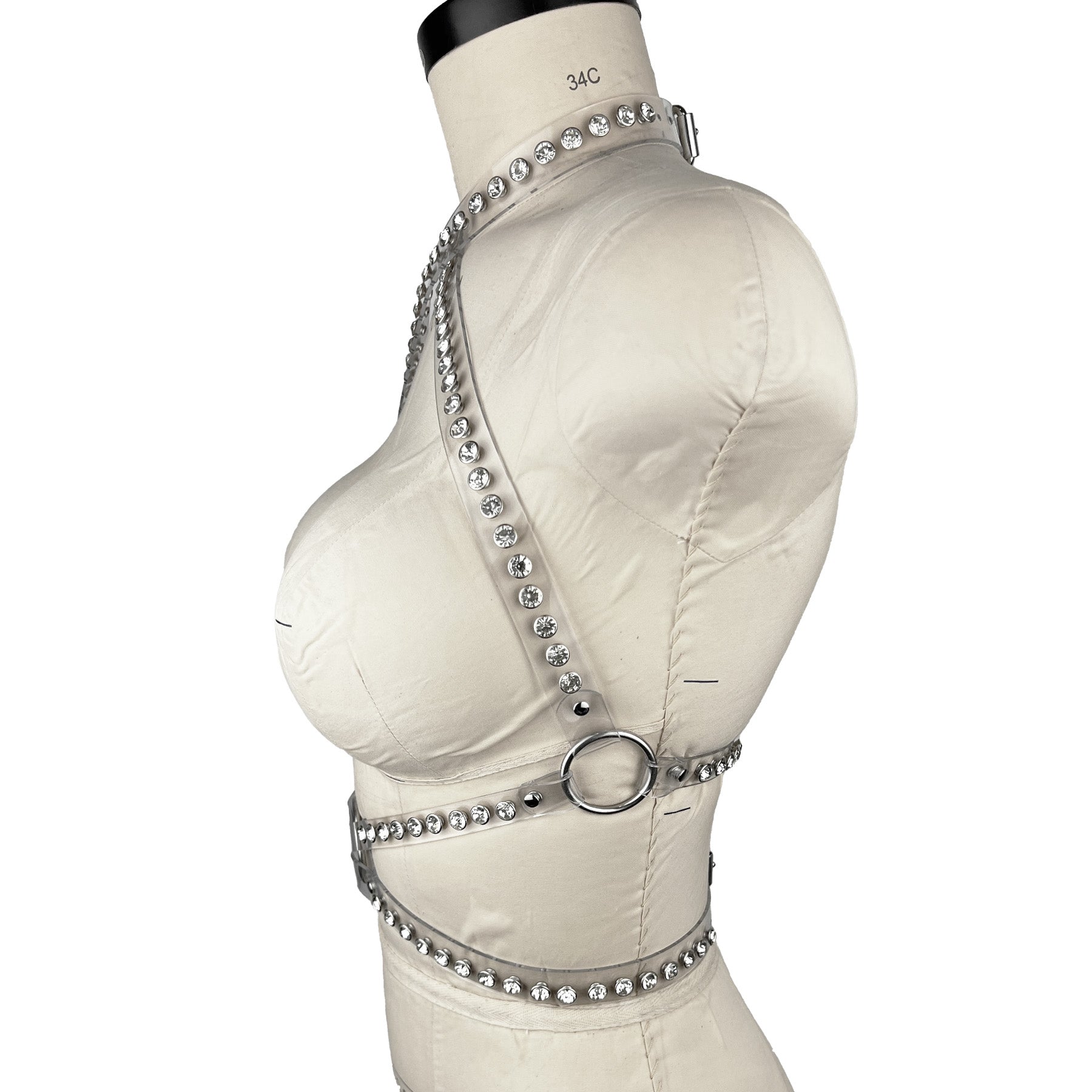 vinyl pvc and crystals fashion and fetish harness, made-to-order in nyc, side view