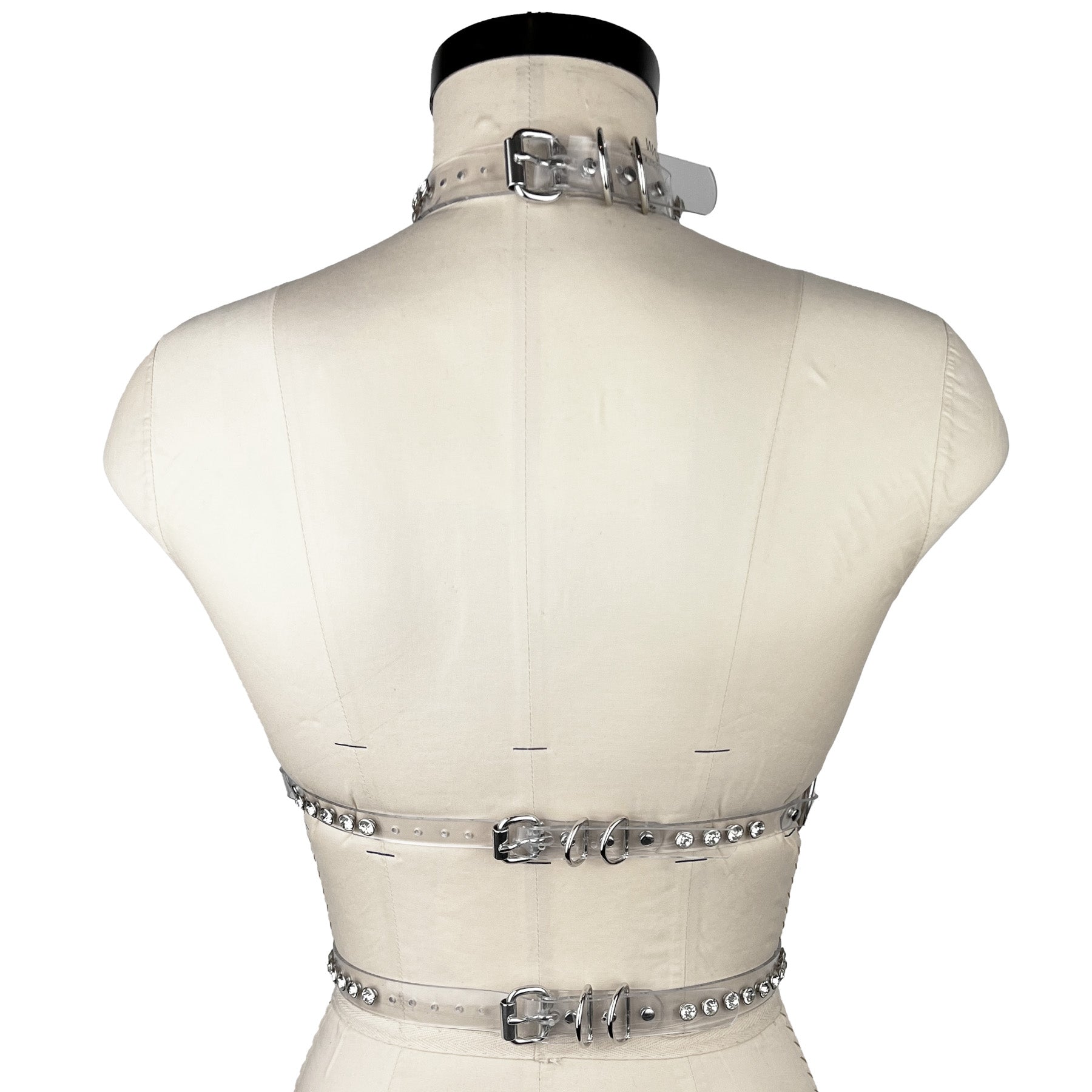 vinyl pvc and crystals fashion and fetish harness, made-to-order in nyc, back view