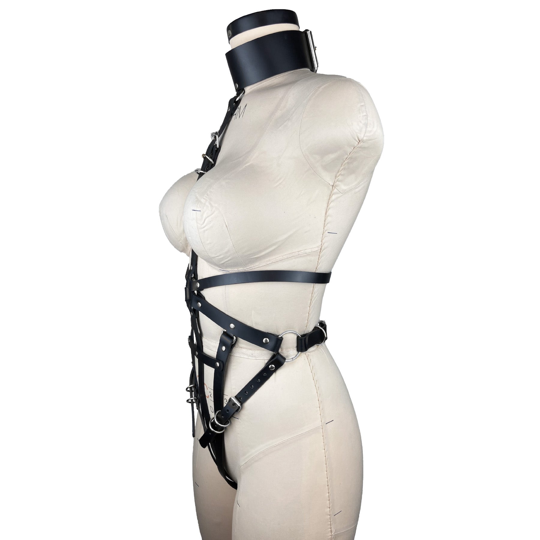 luxury italian leather fashion and fetish body harness, bespoke, made-to-order in nyc, side view