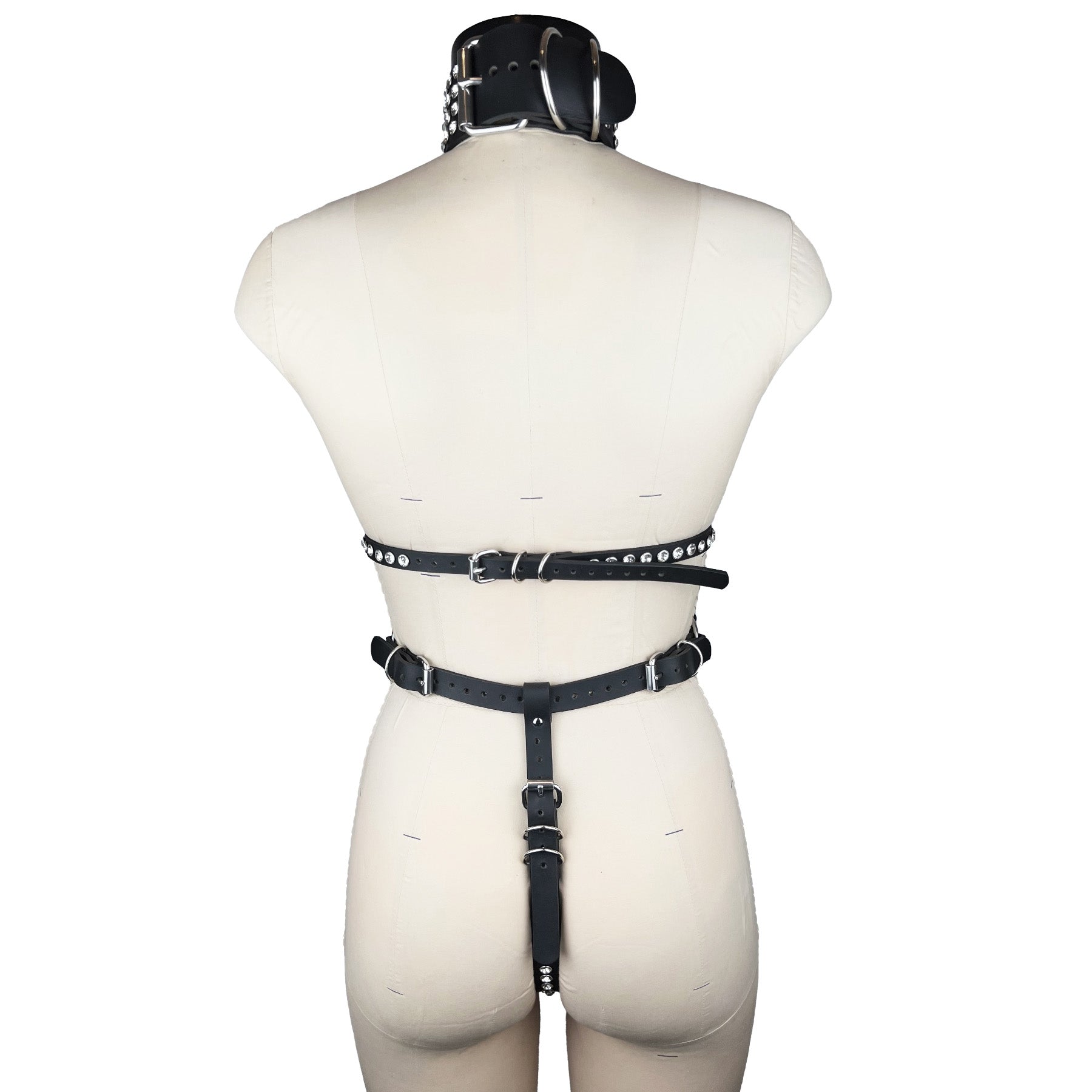 luxury Italian leather and crystals fashion and fetish body harness, bespoke, made-to-order in nyc, back view