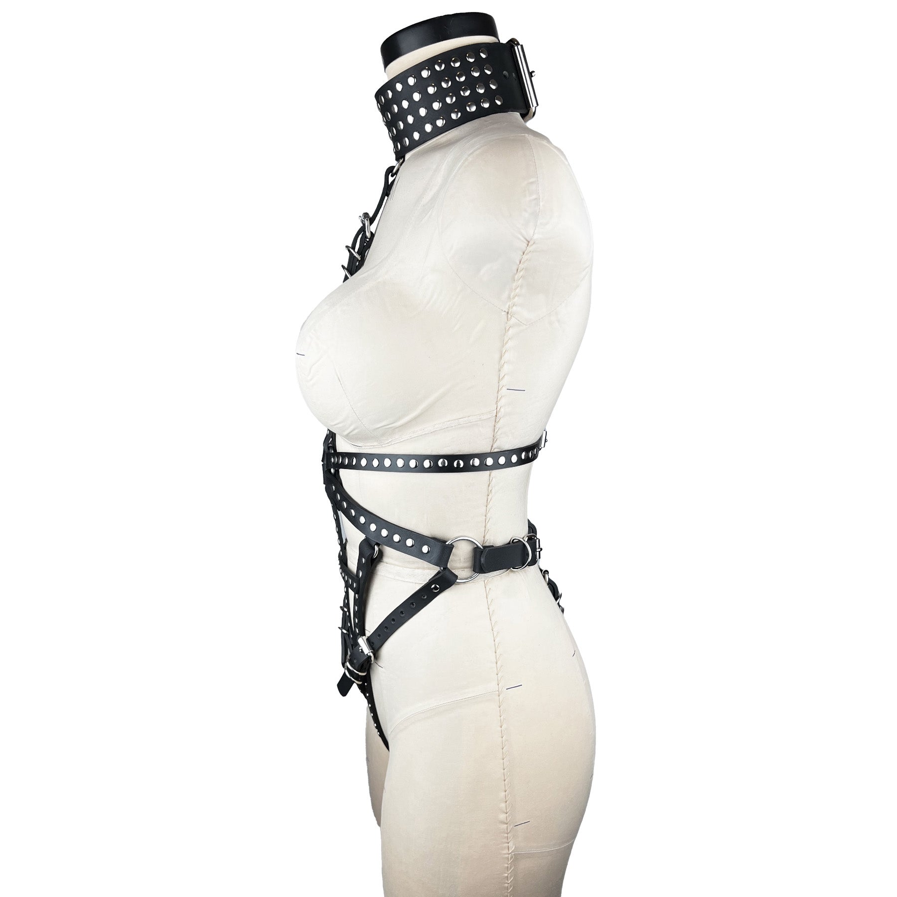 luxury Italian leather and silver studs fashion and fetish body harness, bespoke, made-to-order in nyc, side view