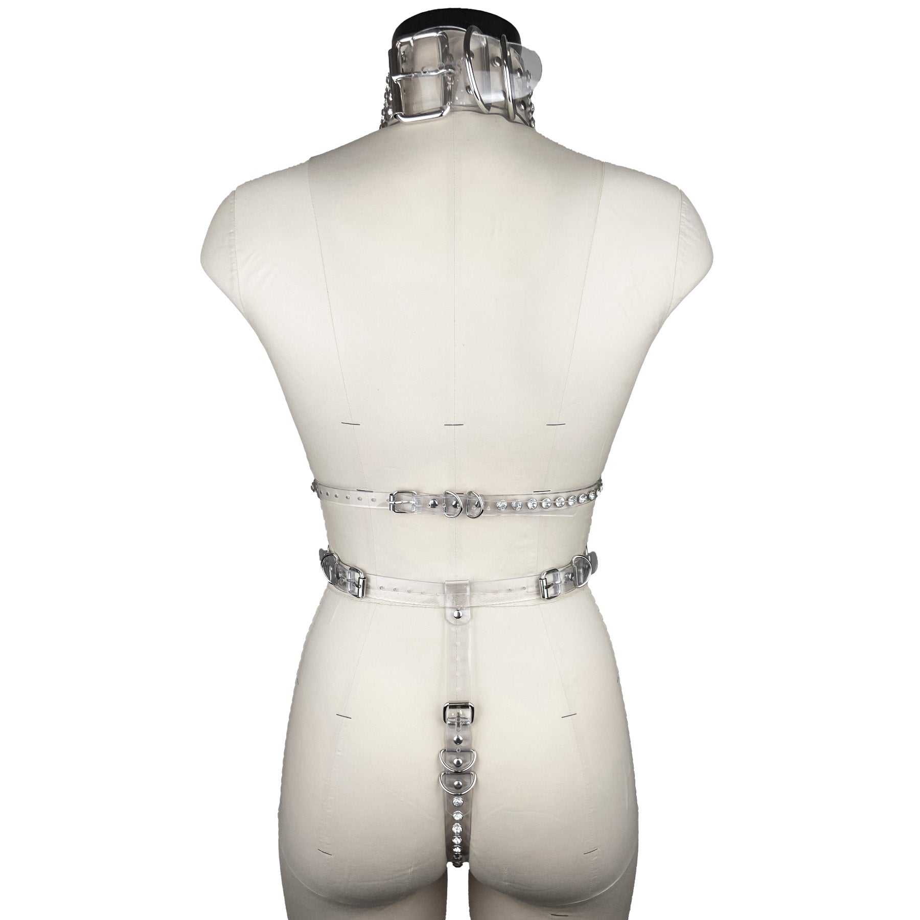 vinyl pvc and crystal fashion and fetish body harness, bespoke, made-to-order in nyc, back view