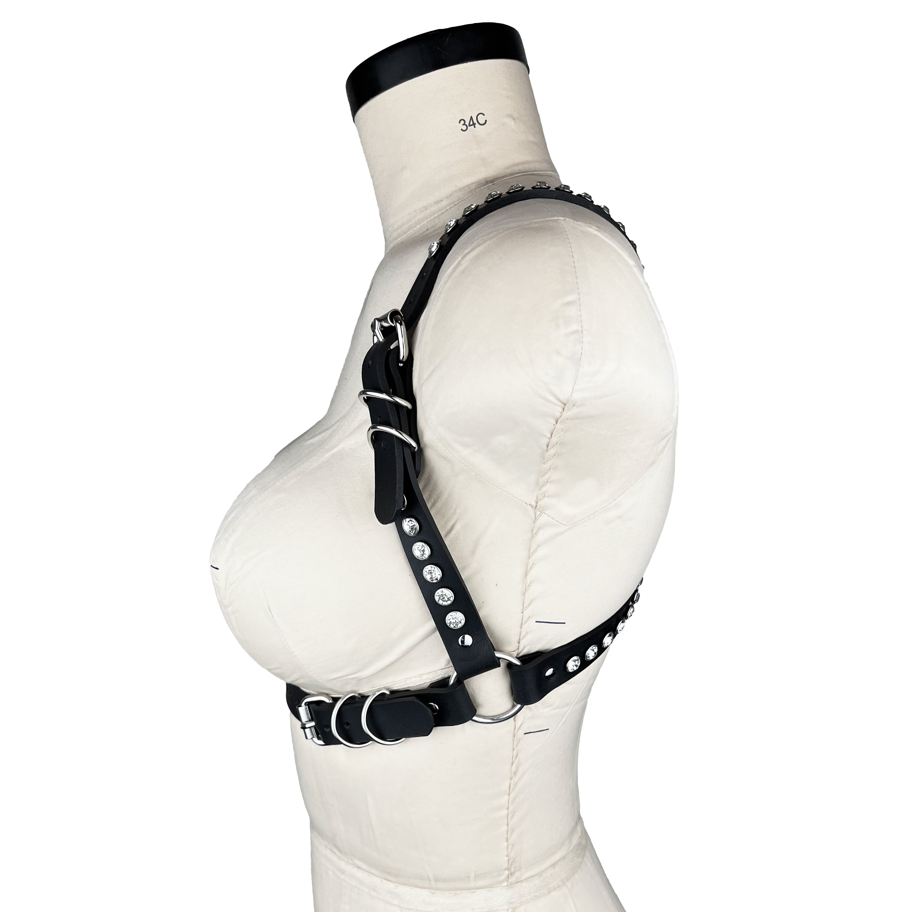 luxury Italian leather and crystal fashion and fetish women's men's gemma harness, bespoke, made-to-order in nyc, side view