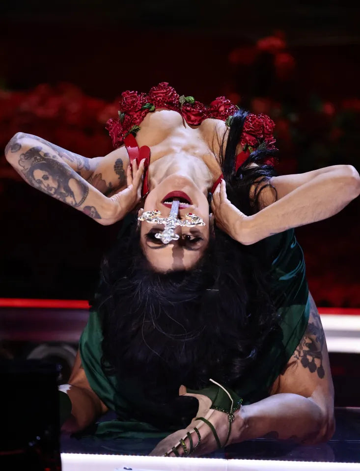 Heather Holliday sword swallowing live and competing on Britain's Got Talent in custom RYCE NYC costume backbend