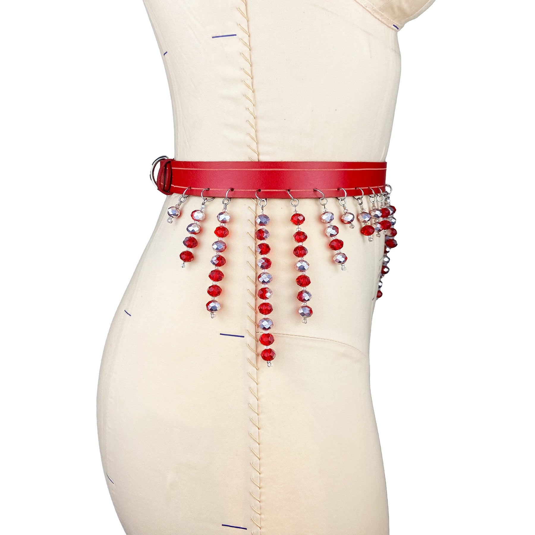 red italian leather luxury belt, sample sale, vintage beads, hand etched, leather work