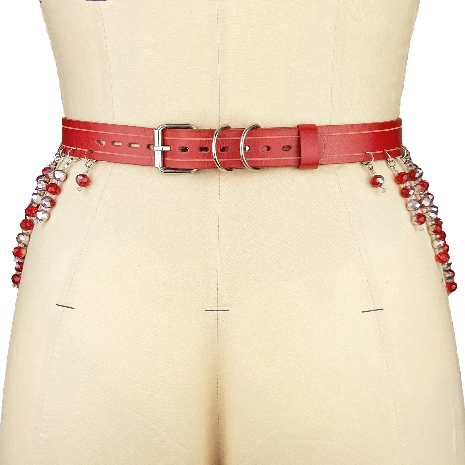 red italian leather luxury belt, sample sale, vintage beads, hand etched, leather work, bryona ashly, burlesque costume back view