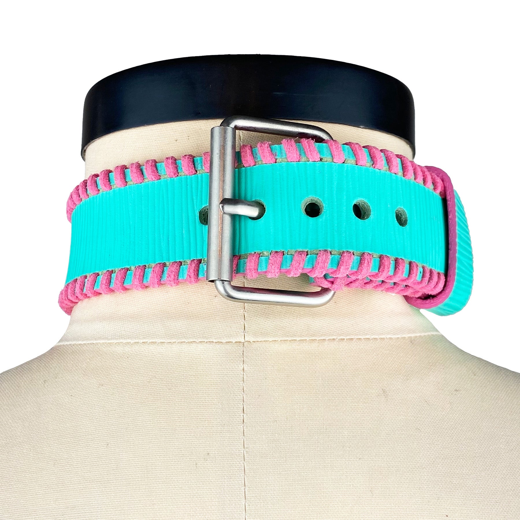 missy jenny mint textured leather with pink suede hand stitched trim back view choker leather accessory costume burlesque