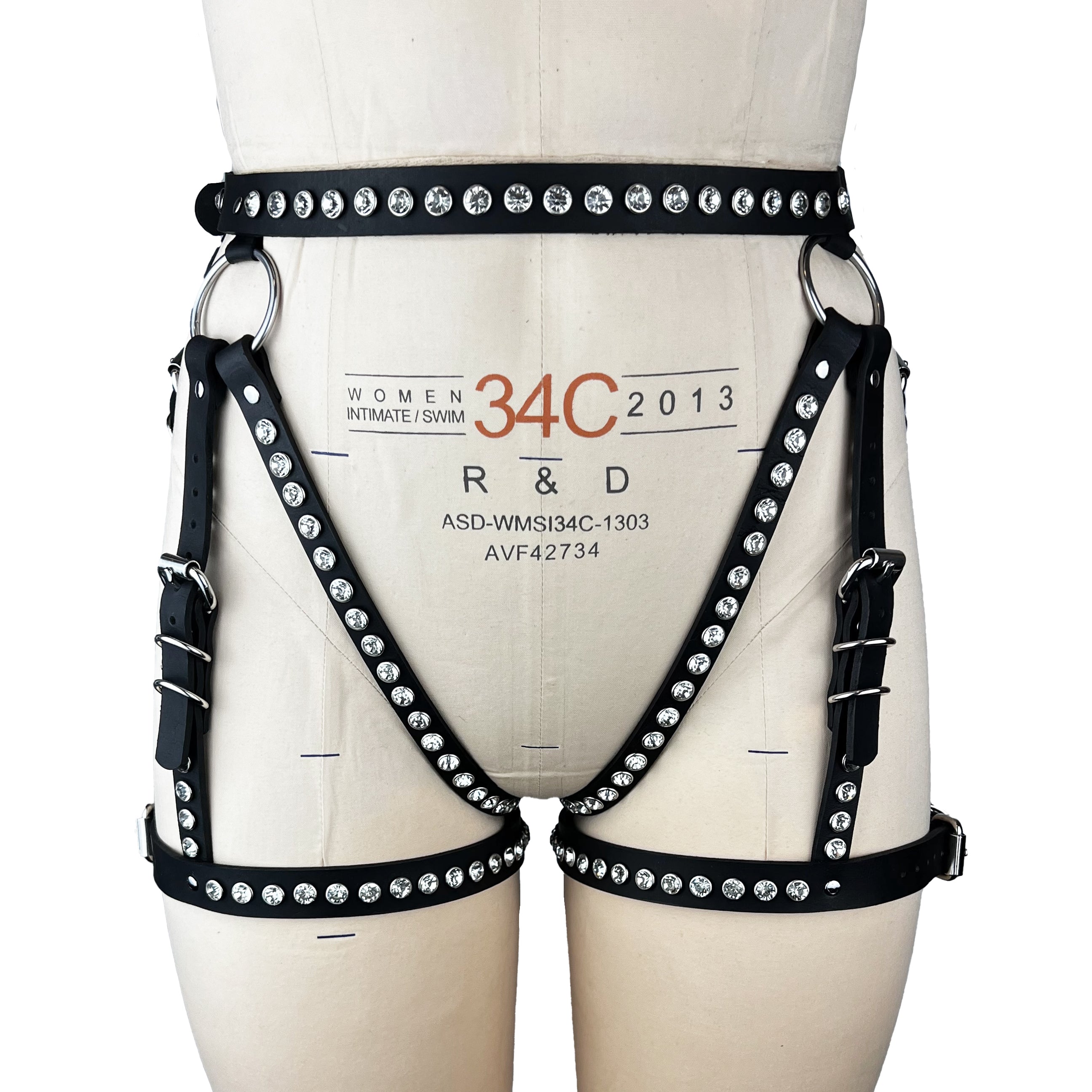 luxury Italian leather and crystal fashion and fetish women's men's booty harness, bespoke, made-to-order in nyc, front view