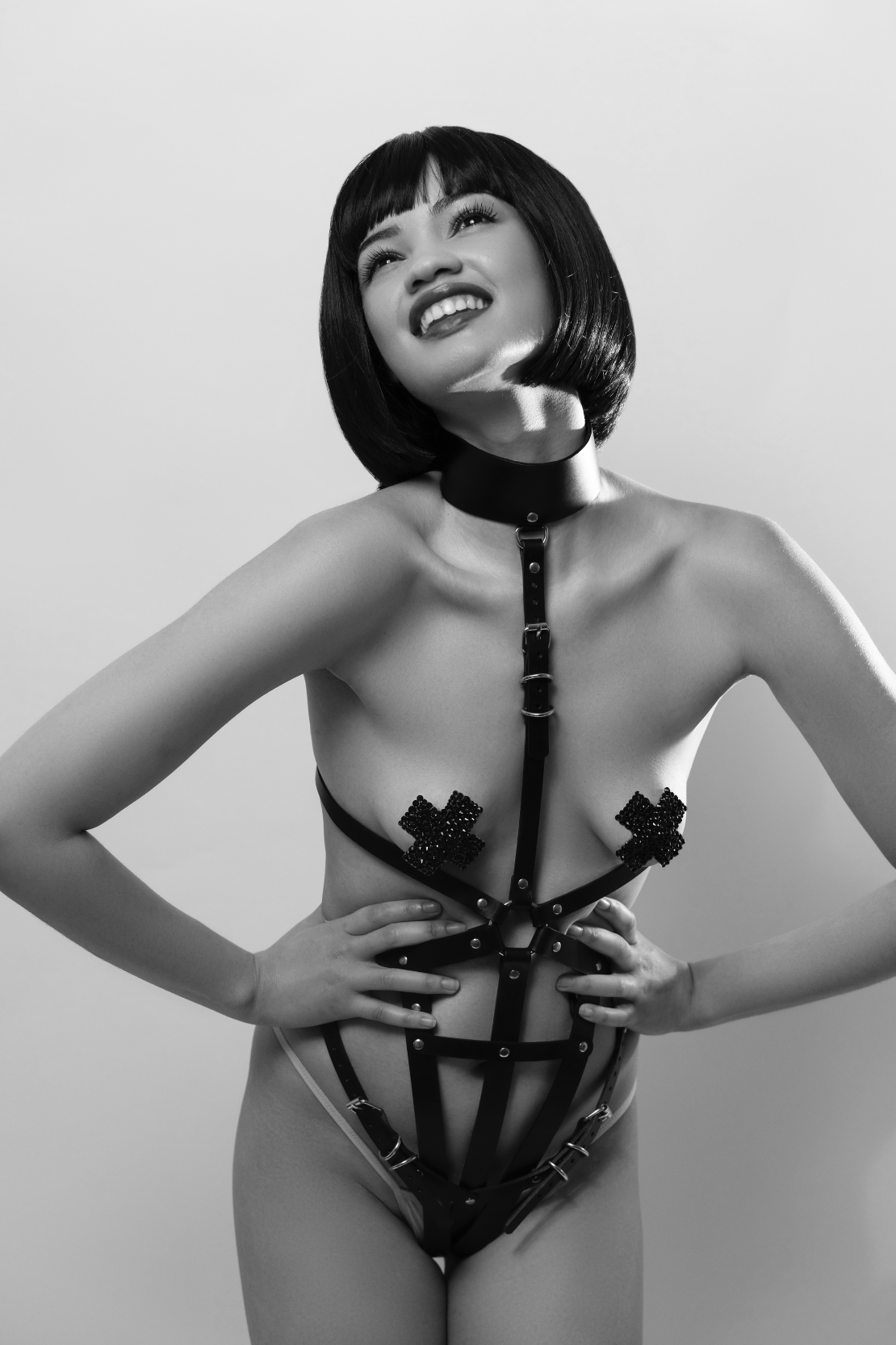 luxury italian leather fashion and fetish body harness, bespoke, made-to-order in nyc, model view
