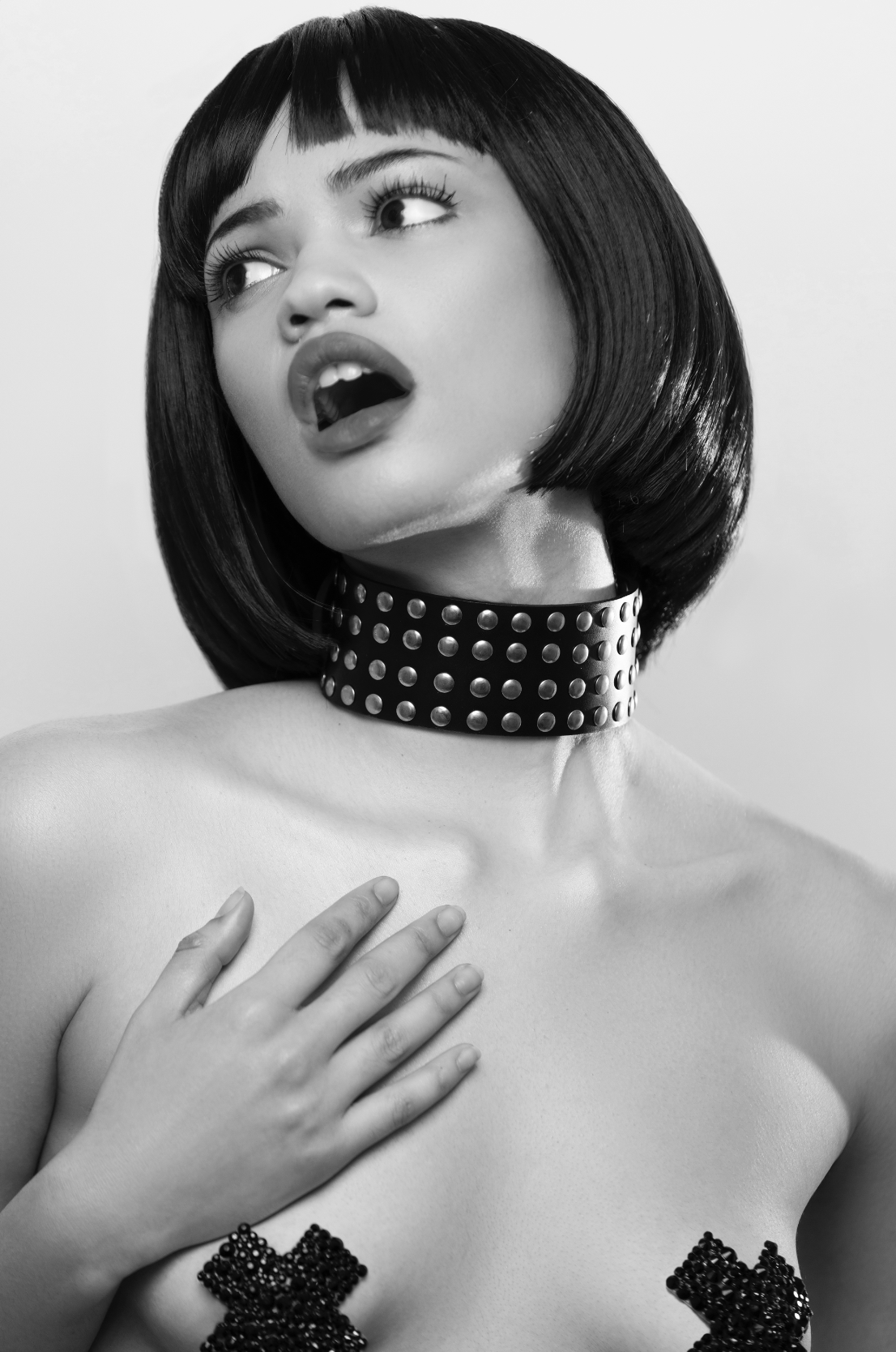 black italian leather and silver studs fashion and fetish choker, bespoke, made-to-order in nyc, model view