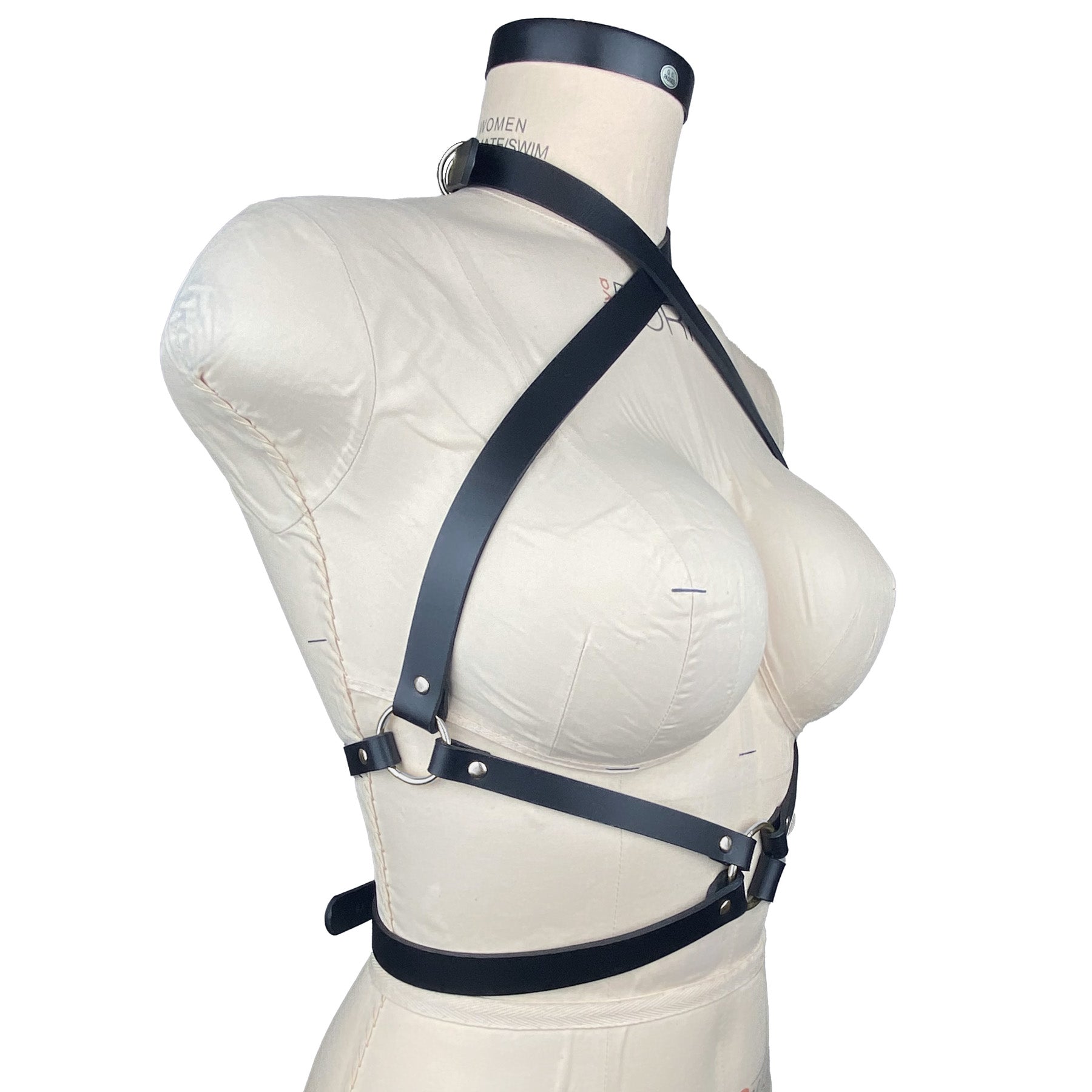 black leather fashion and fetish harness, made-to-order in nyc, side view