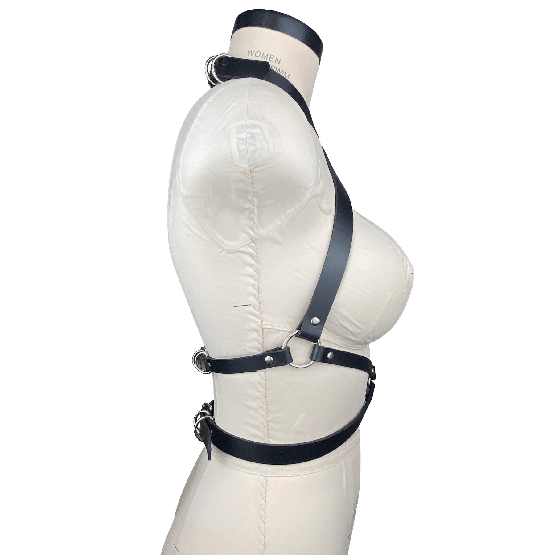black leather fashion and fetish harness, made-to-order in nyc, side 2 view