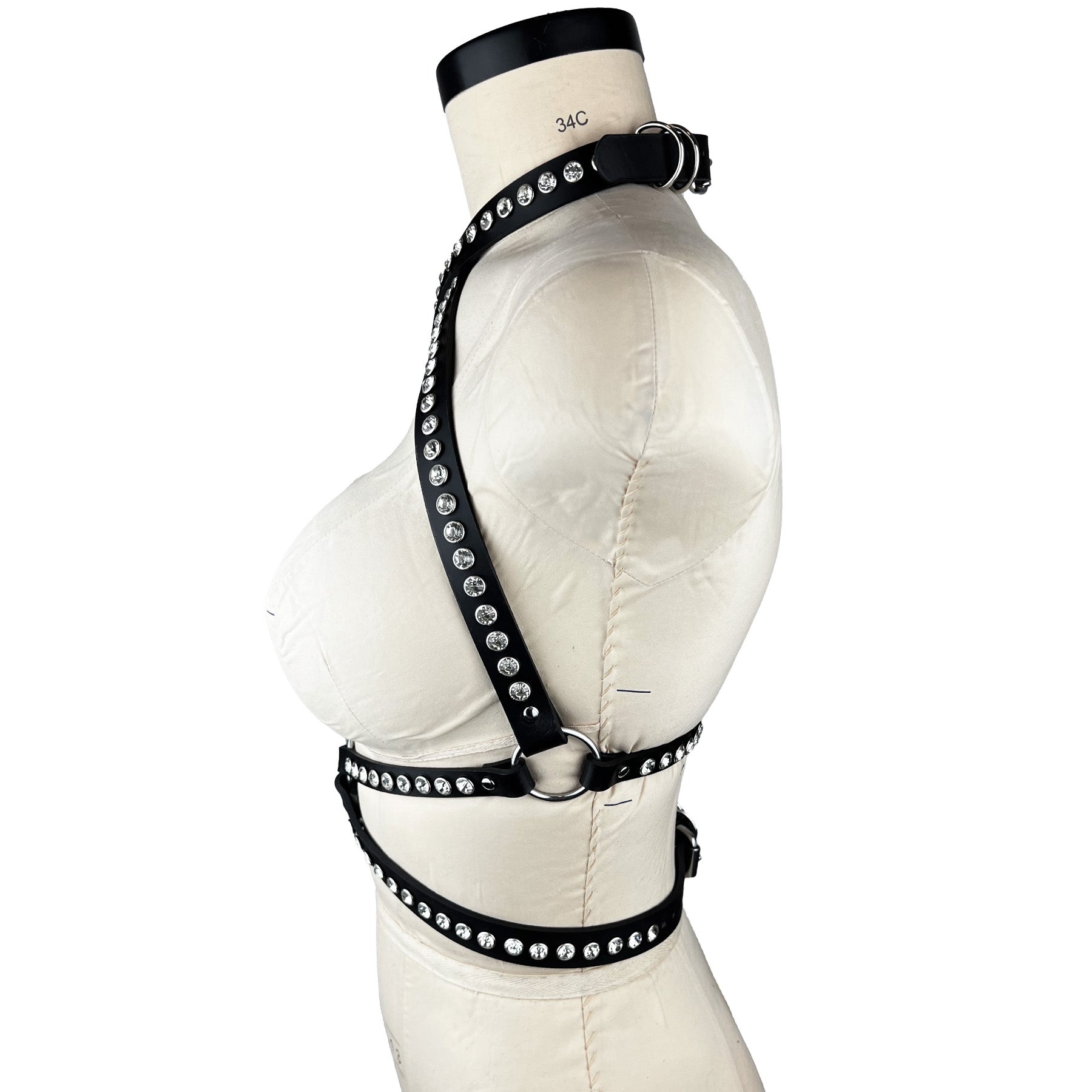 black leather and crystals fashion and fetish harness, made-to-order in nyc, side 2 view