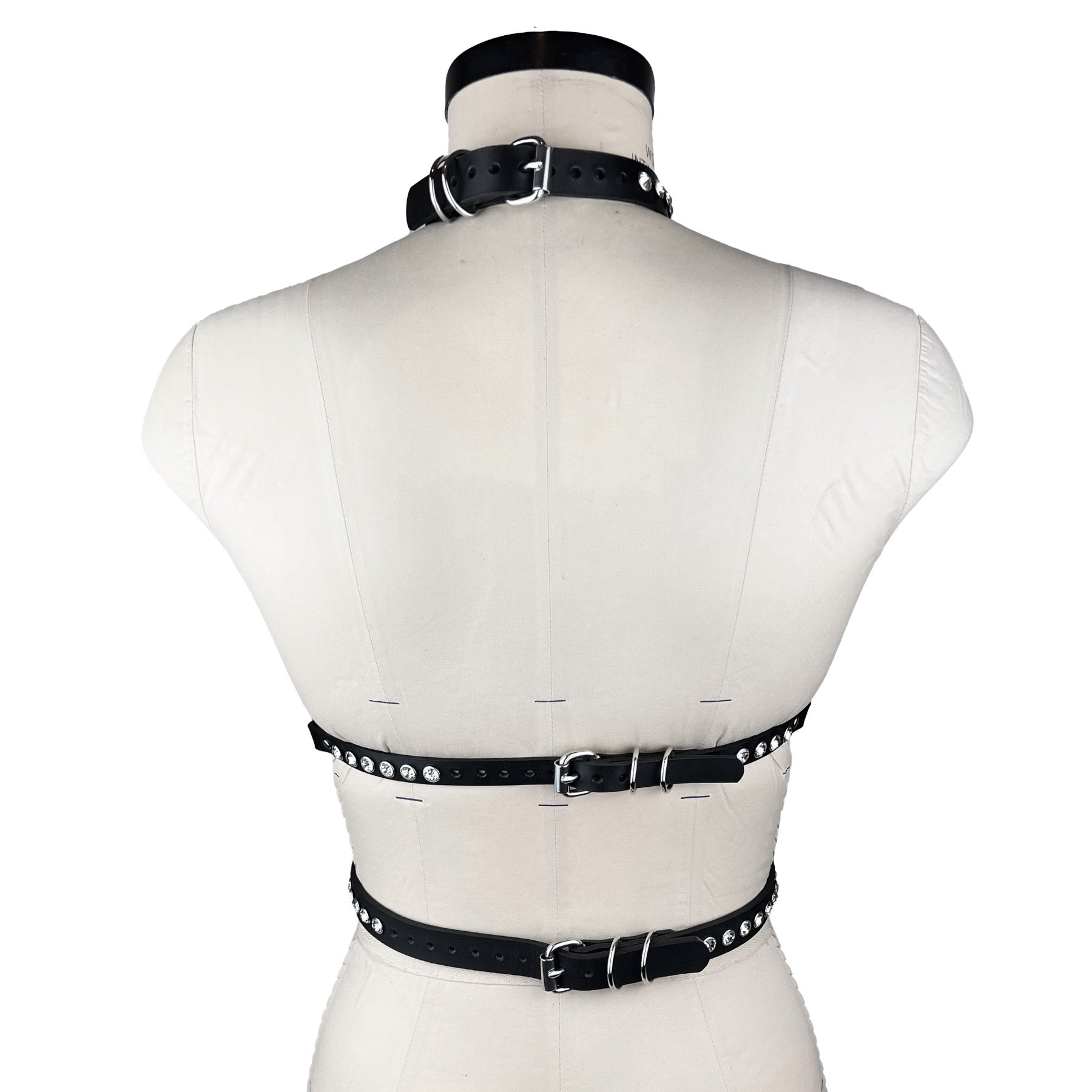 black leather and crystals fashion and fetish harness, made-to-order in nyc, back view