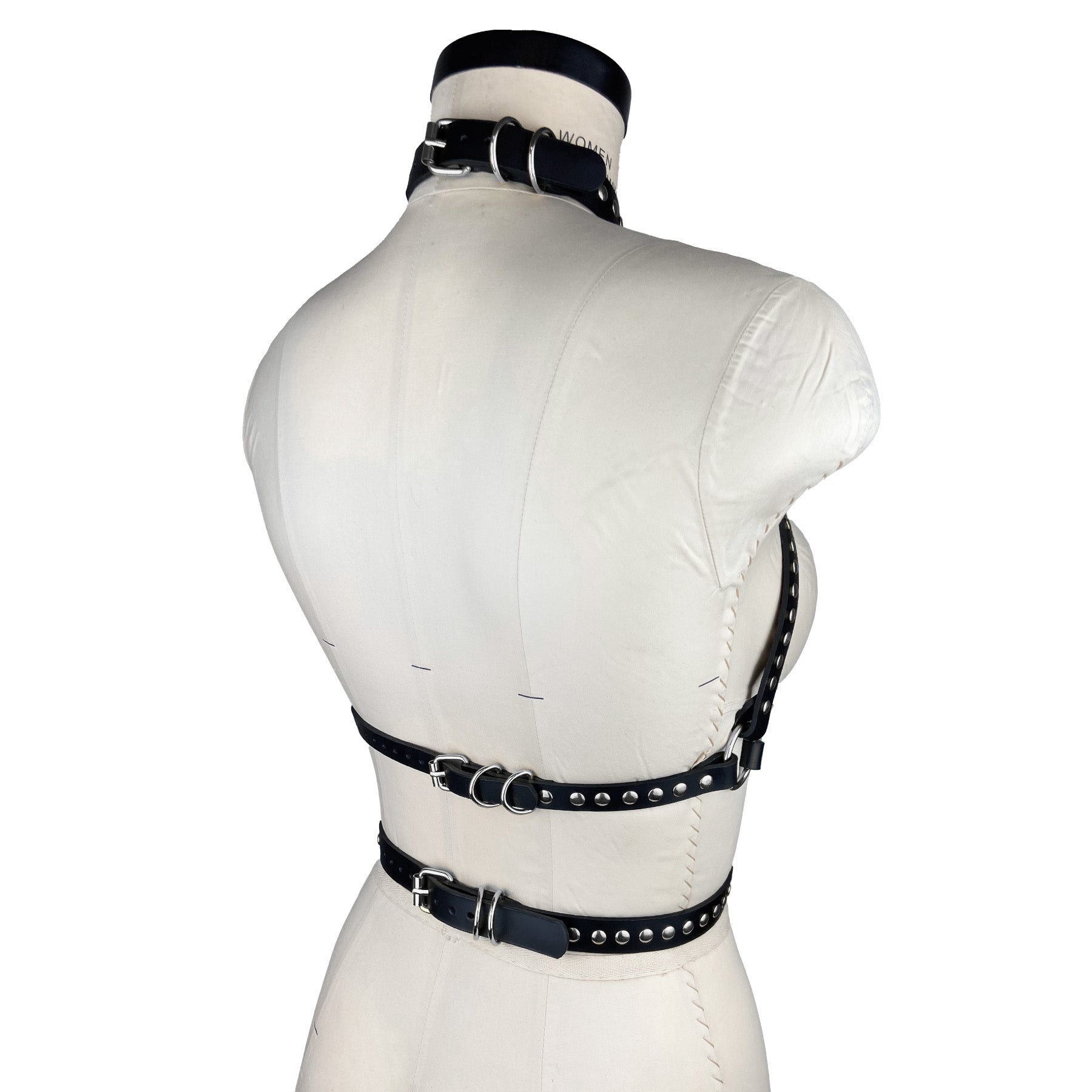 black leather and studs fashion and fetish harness, made-to-order in nyc, back view