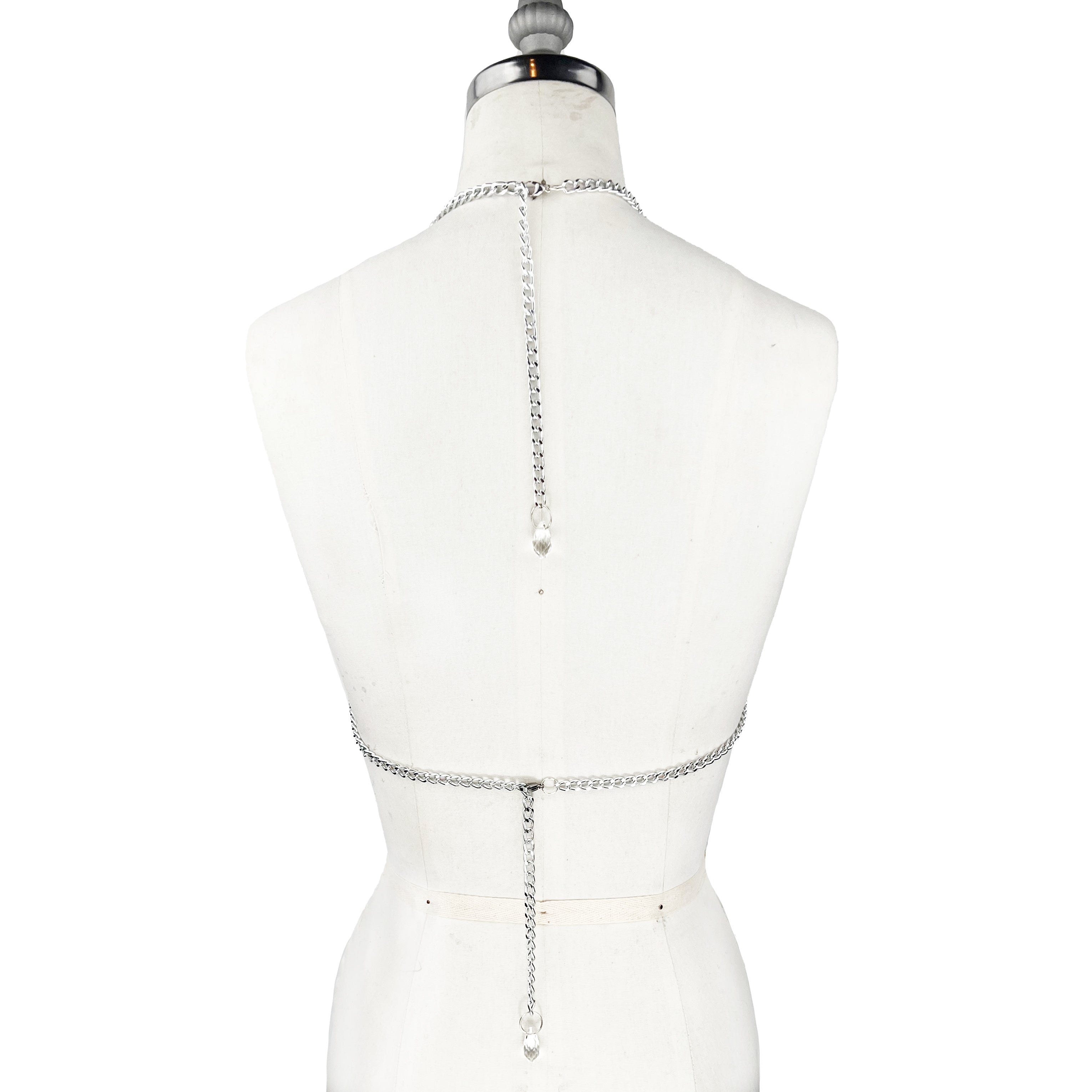 bespoke, one of a kind, crystal pearl and chain, 3d printed bra with chain straps and dangling crystals back view