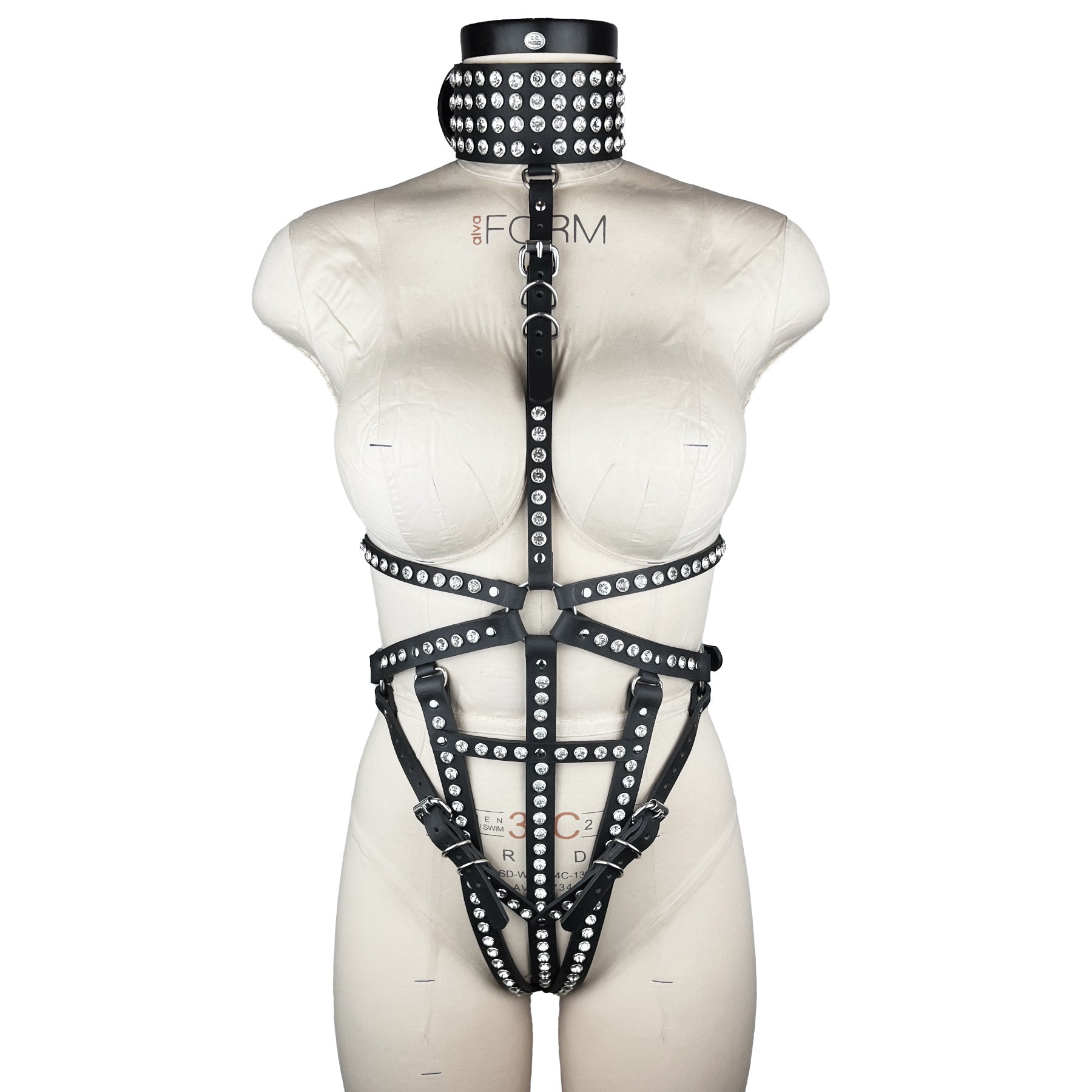 luxury Italian leather and crystals fashion and fetish body harness, bespoke, made-to-order in nyc, front view
