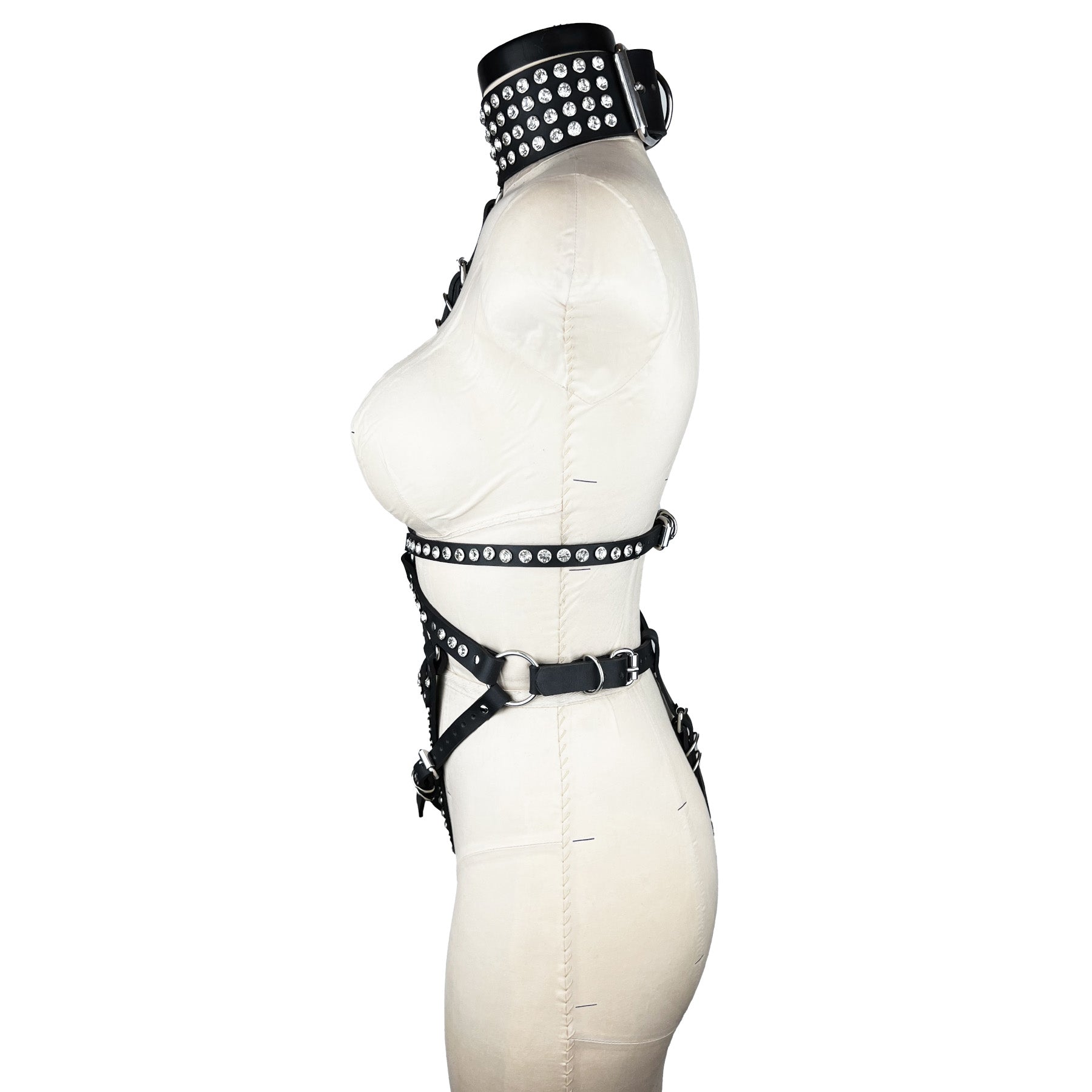 luxury Italian leather and crystals fashion and fetish body harness, bespoke, made-to-order in nyc, side view