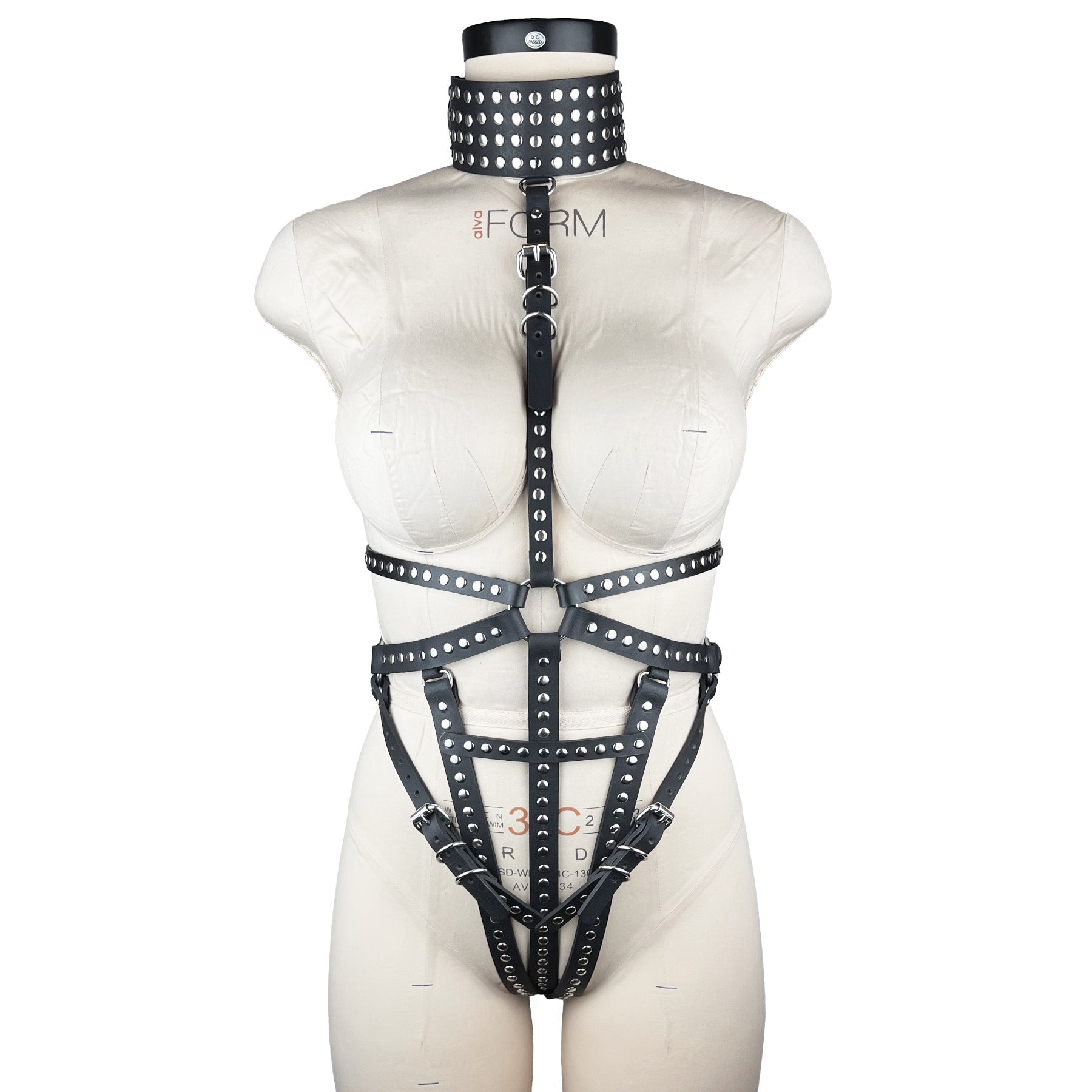 luxury Italian leather and silver studs fashion and fetish body harness, bespoke, made-to-order in nyc, front view