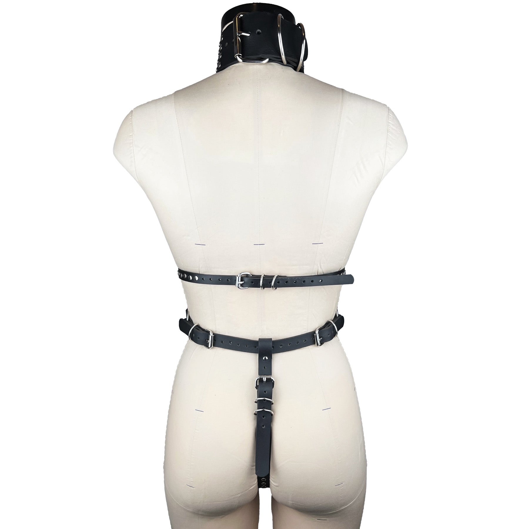 luxury Italian leather and silver studs fashion and fetish body harness, bespoke, made-to-order in nyc, back view