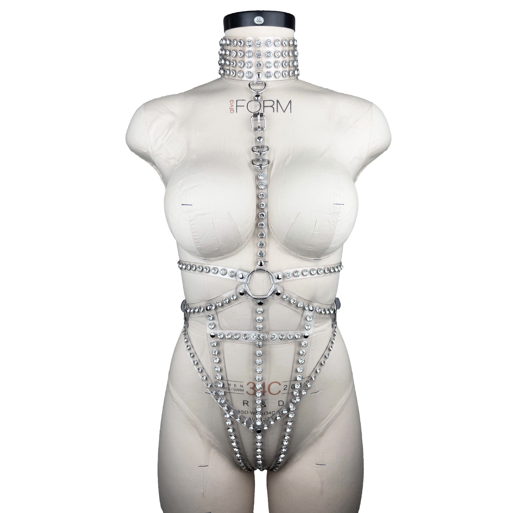 vinyl pvc and crystal fashion and fetish body harness, bespoke, made-to-order in nyc, front view