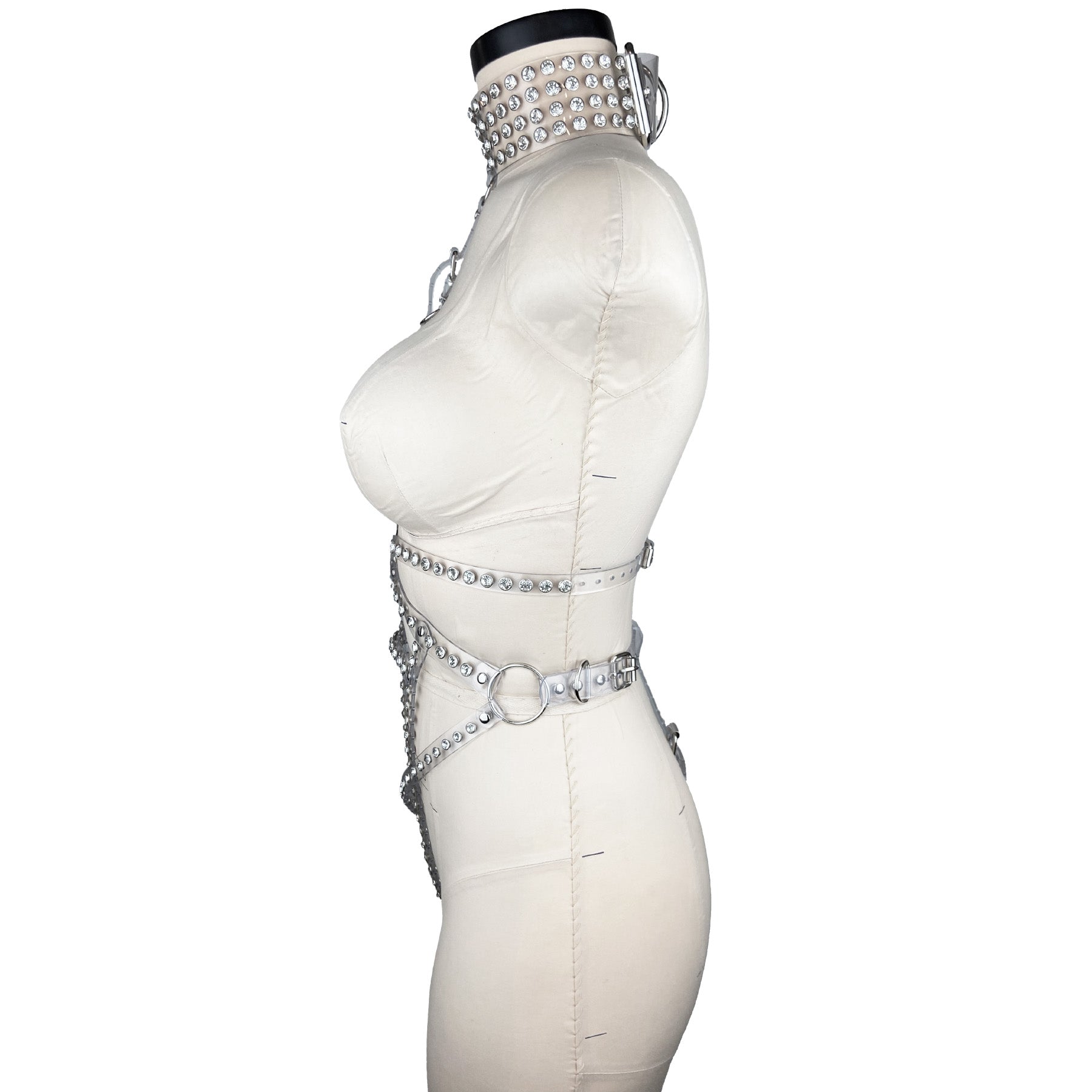 vinyl pvc and crystal fashion and fetish body harness, bespoke, made-to-order in nyc, side view