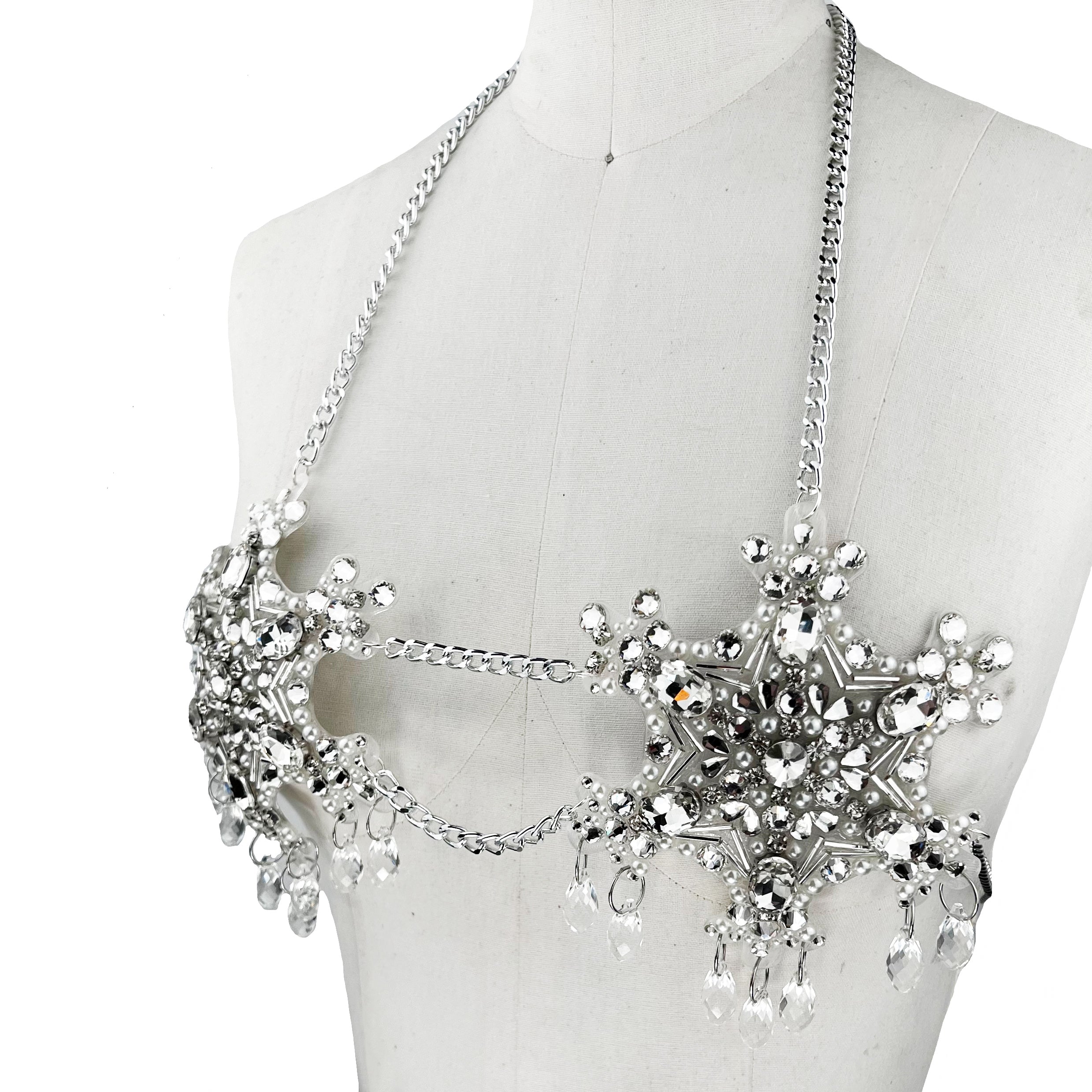 bespoke, one of a kind, crystal pearl and chain, 3d printed bra with chain straps and dangling crystals side view