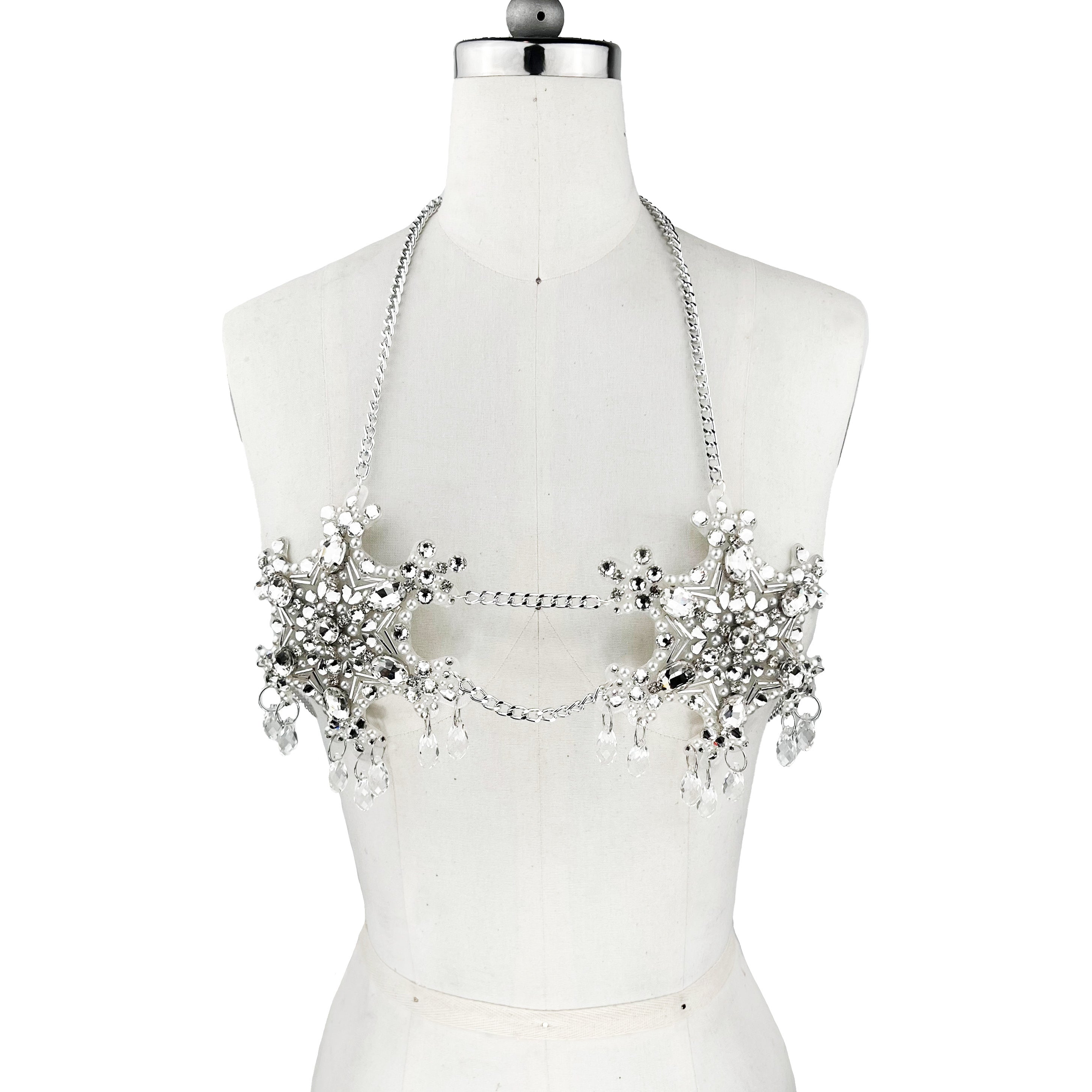 bespoke, one of a kind, crystal pearl and chain, 3d printed bra with chain straps and dangling crystals front view