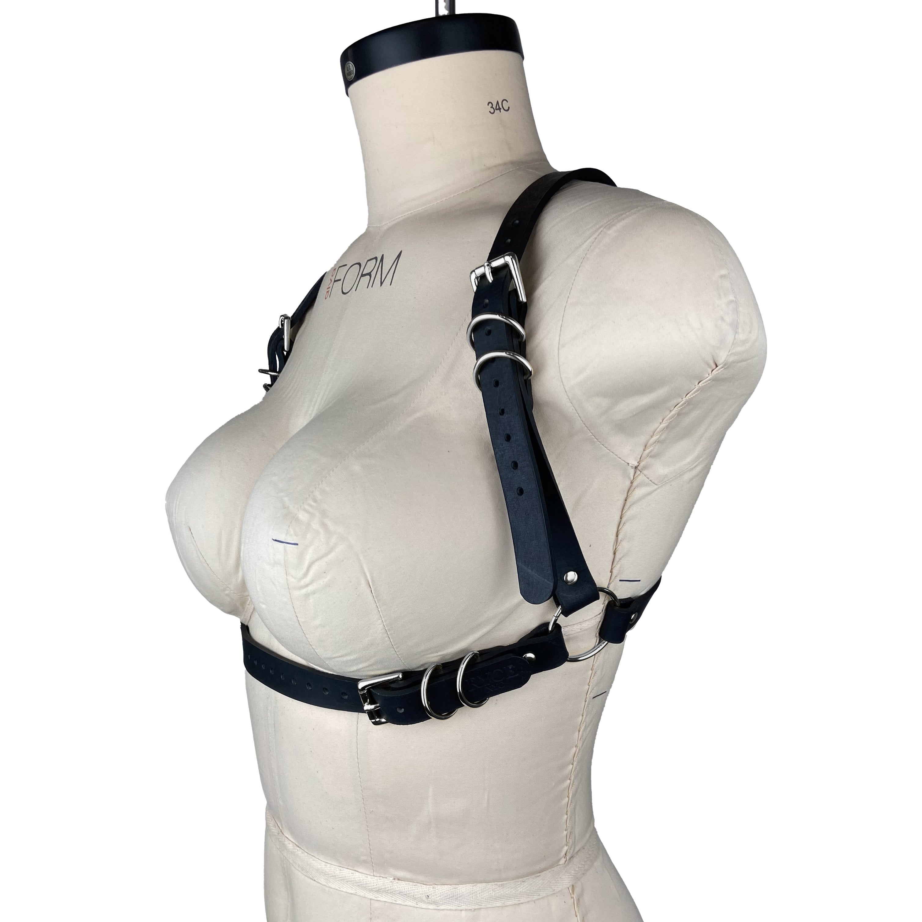 luxury Italian leather fashion and fetish women's men's gemma harness, bespoke, made-to-order in nyc, side view