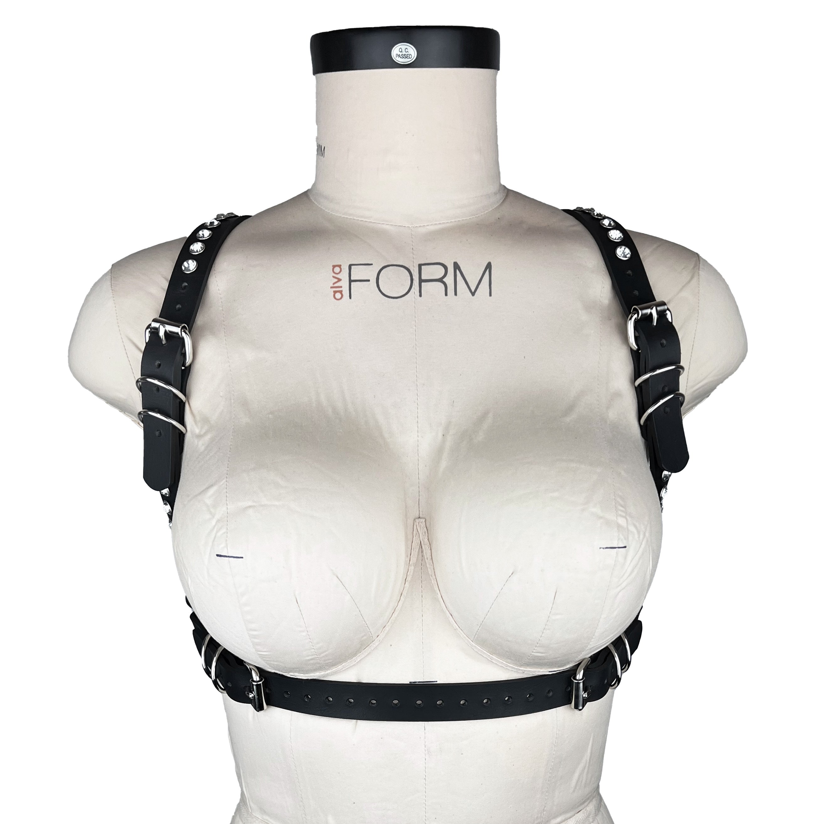 luxury Italian leather and crystal fashion and fetish women's men's gemma harness, bespoke, made-to-order in nyc, front view
