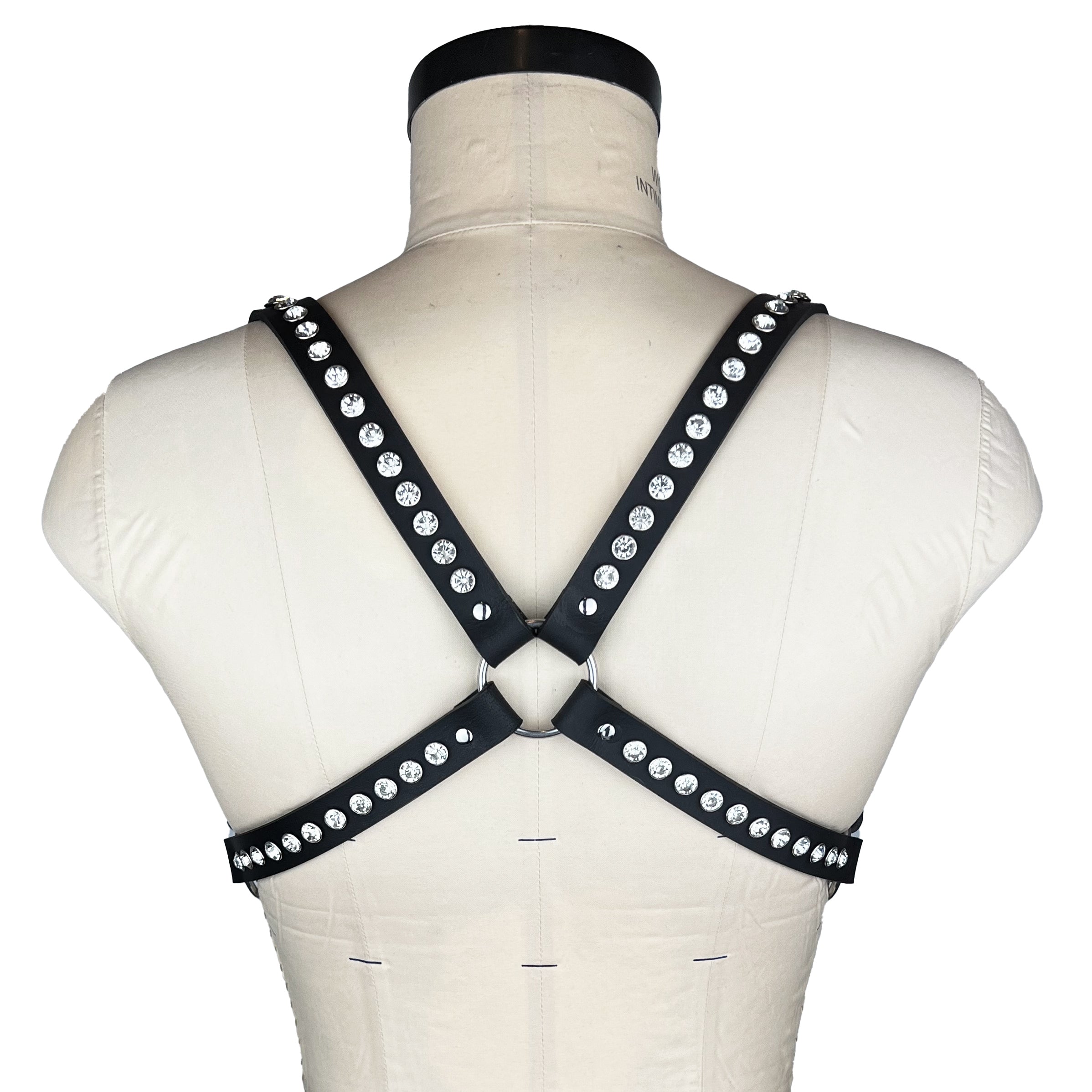luxury Italian leather and crystal fashion and fetish women's men's gemma harness, bespoke, made-to-order in nyc, back view