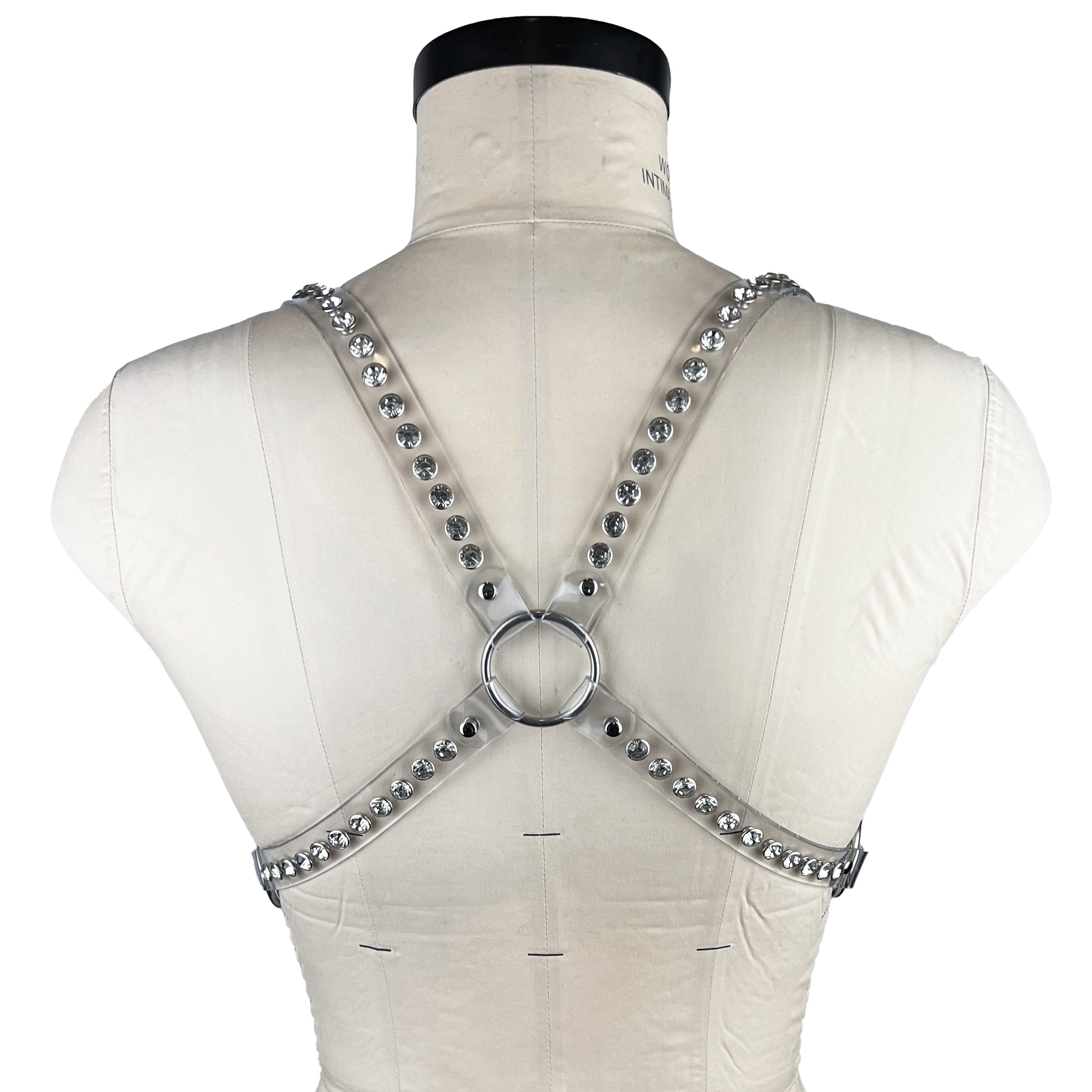 vinyl pvc and crystal fashion and fetish gemma harness, bespoke, made-to-order in nyc, back view