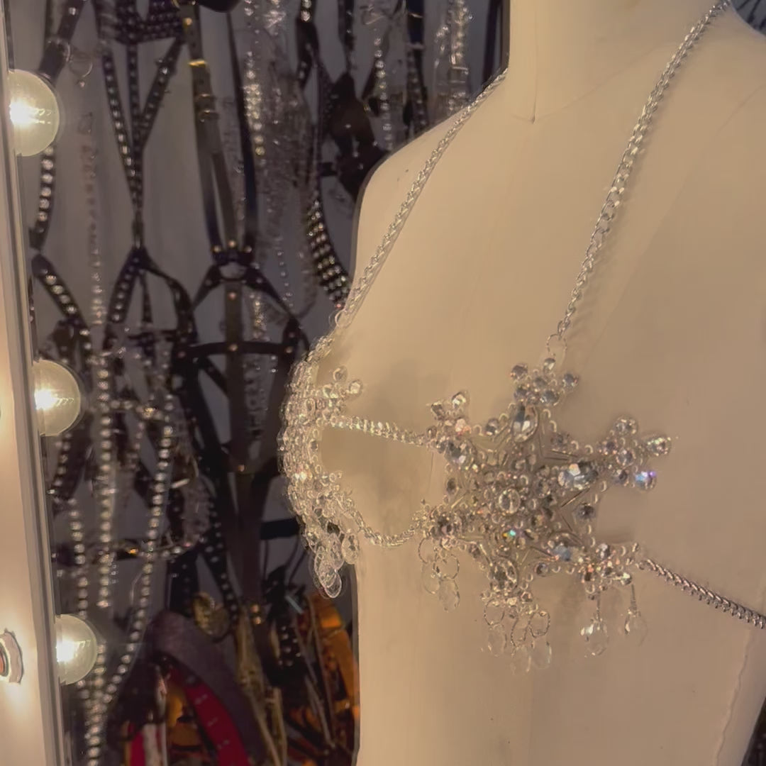 bespoke, one of a kind, crystal pearl and chain, 3d printed bra with chain straps and dangling crystals video view