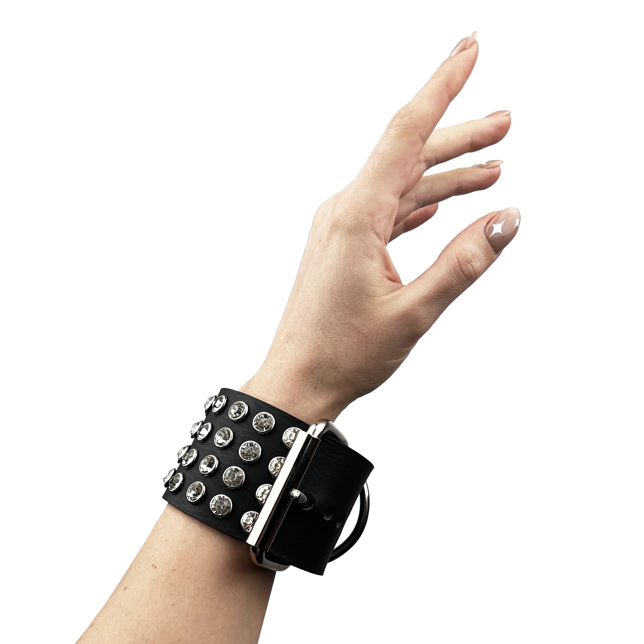 black italian leather and crystals fashion and fetish cuffs, bespoke, made-to-order in nyc, side view