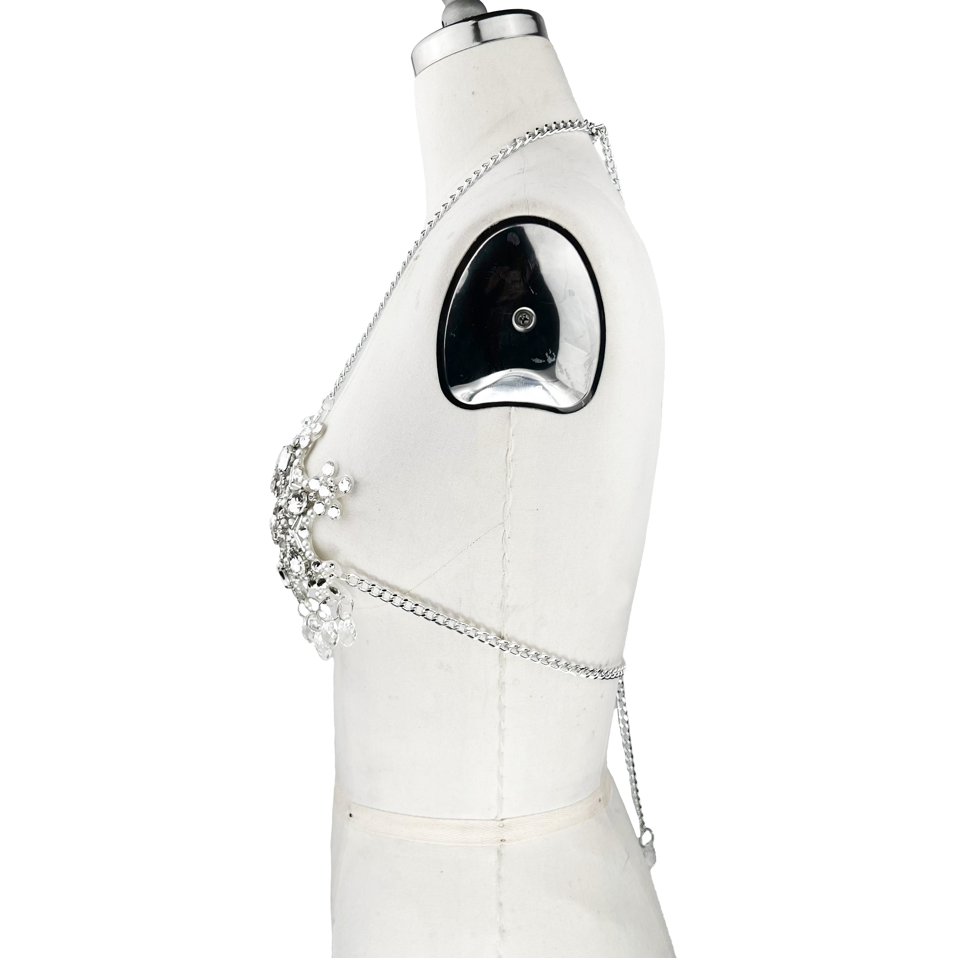 bespoke, one of a kind, crystal pearl and chain, 3d printed bra with chain straps and dangling crystals side 2 view