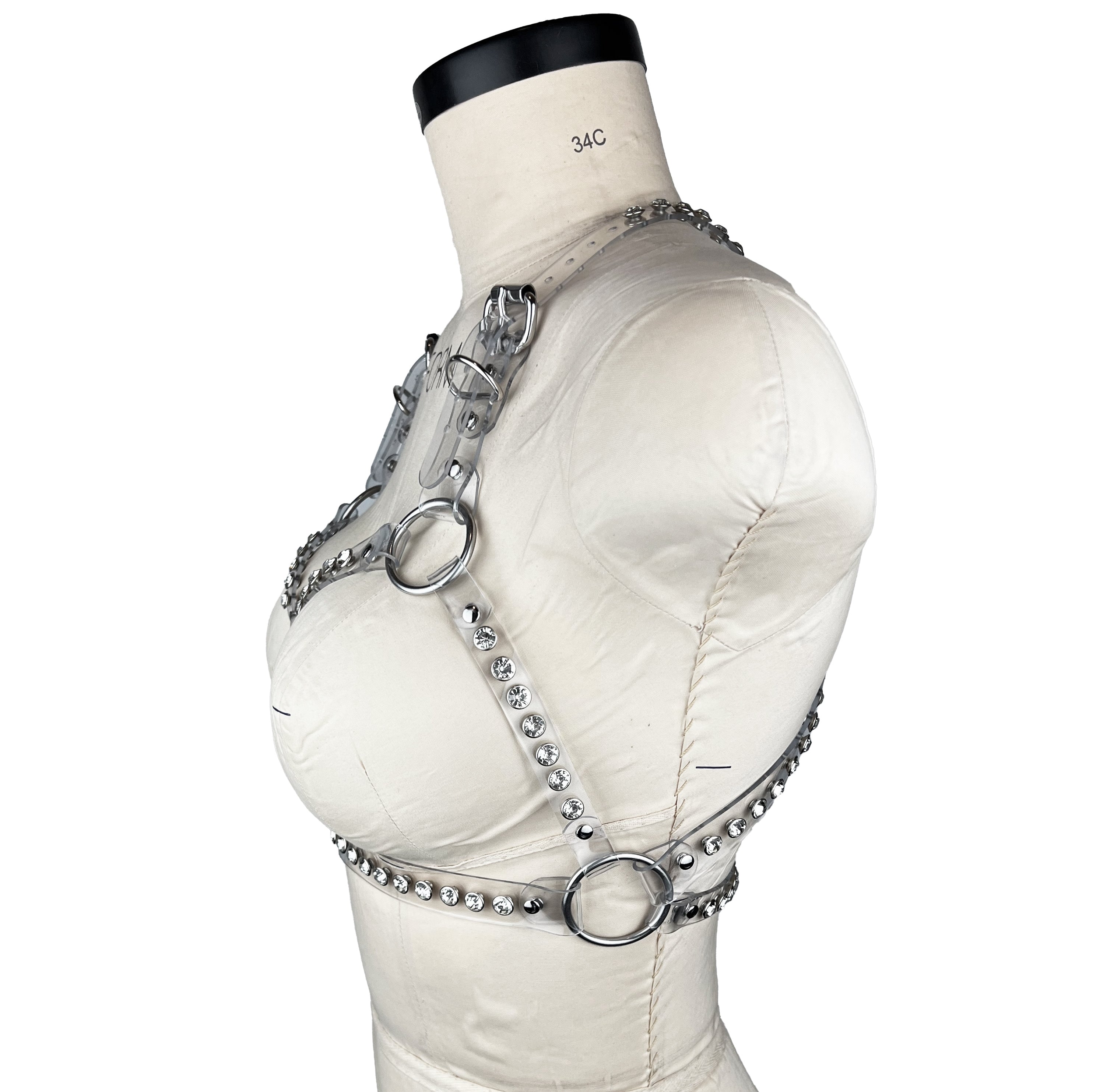 vinyl pvc and crystal fashion and fetish trixie bra, bespoke, made-to-order in nyc, side view